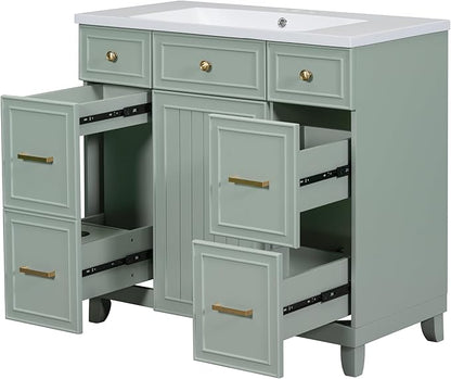 LUMISOL 36" Bathroom Vanity with Ceramic Sink, Modern Bathroom Vanity with 3 Drawers & Soft Close Doors, Solid Wood Bathroom Sink Cabinet with Undermount Basin, Gold Handles (Green)