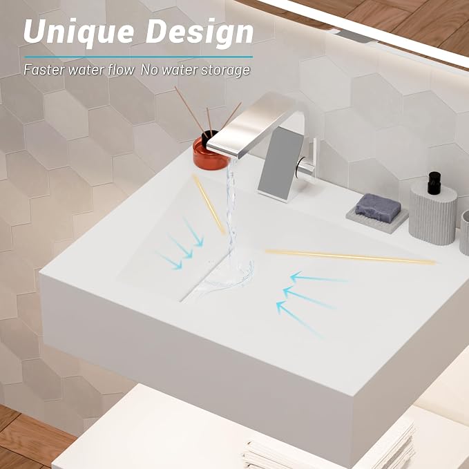 24"x19" Wall Mount Bathroom Vanity with LED Smart Sensor Light, Stone Resin Floating Vanity Sink Rectangular Vessel White Trough Art Basin with Shelf Layer