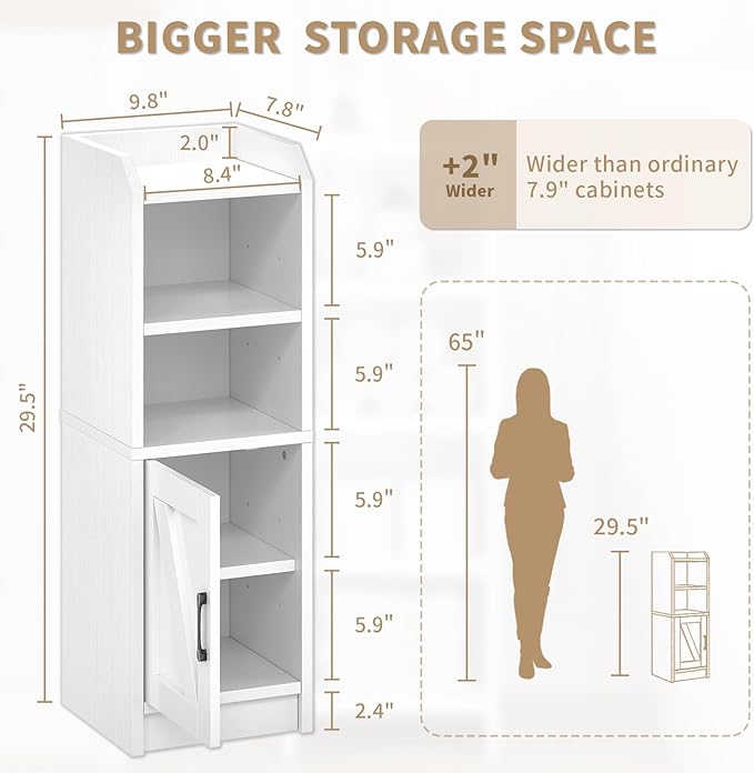 Narrow Bathroom Storage Cabinet with Door & Adjustable Shelf, 9.8" W Slim Storage Cabinet for Small Spaces, Skinny Toilet Paper Cabinet, 9.8" W × 7.9" D × 29.5" H, White