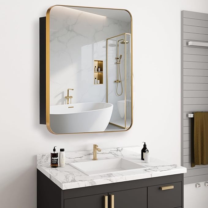 20’’x26’’ Medicine Cabinet,Metal Framed Medicine Cabinet Mirror with Round Corner,Recessed and Surface Mount Bathroom Mirror with Storage, Removeable Shelves,Gold