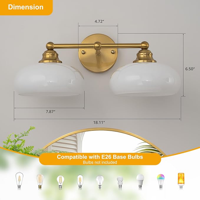 Bathroom Light Fixtures Over Mirror Vintage Gold Vanity Lighting Fixtures | Double Arm Vanity Lighting Fixtures 2 Light Antique Wall Light Fixture with Glossy Milk White Glass Shade for Bathroom