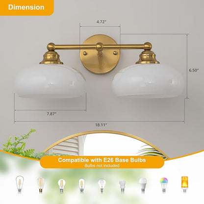 Bathroom Light Fixtures Over Mirror Vintage Gold Vanity Lighting Fixtures | Double Arm Vanity Lighting Fixtures 2 Light Antique Wall Light Fixture with Glossy Milk White Glass Shade for Bathroom