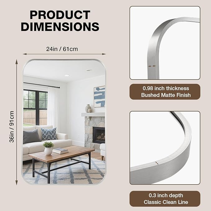 24"x36" Bathroom Mirror for Over Sink, Brushed Nickel Vanity Mirror | Aluminum Alloy Frame, Clear Reflection, Rust-Resistant, Vertical or Horizontal, Wall Mount, Bedroom and Entryway