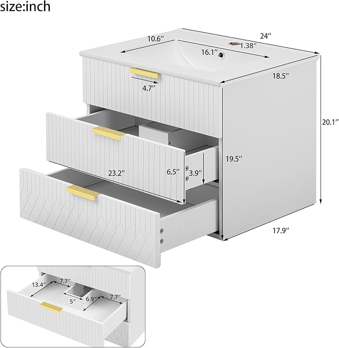 24 Inch Bathroom Vanity with Sink, Wall Mounted Bathroom Storage Cabinet with 2 Drawers, Floating Bathroom Vanities with Decor Line