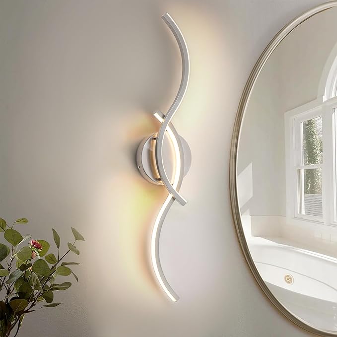 EDISLIVE Modern Wave LED Vanity Light Dimmable Modern LED Vanity Light Fixtures 15W Linear Wall Sconce with Acrylic Strip Shade 3000K, 24 in for Bathroom Bedroom Makeup,Nickel