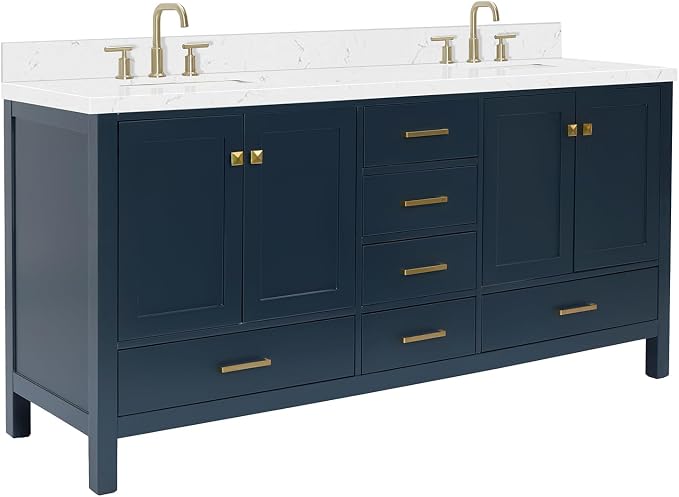ARIEL Cambridge 72-inch Bathroom Vanity with Sink,Solid Wood, 1.5-inch Carrara White Quartz Countertop, Double Rectangular Porcelain Sink, 4 Soft Closing Doors, 6 Dovetail Drawers, Midnight Blue