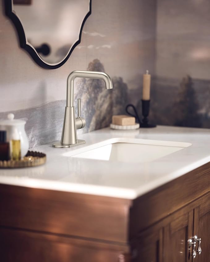 Moen Ronan Spot Resist Brushed Nickel Double Bend Single Hole Modern Bathroom Sink Faucet with Optional Deckplate and Spring Loaded Drain Assembly, 84024SRN