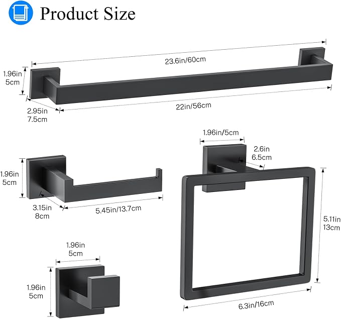 10-Piece Matte Black Bathroom Hardware Accessories Set Towel Bar Set for Bathroom 23.6 inch Towel Bar,Stainless Steel Wall Mounted Towel Holder