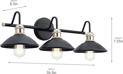 Kichler Clyde 3 Light Bathroom Vanity in a deep Black Finish, for Bathrooms, (7.25" H x 26.5" W x 8.25" Ext.), 45945BK