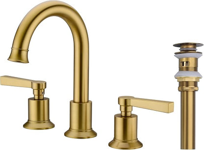 TRUSTMI 2 Handle 8 Inch Widespread Bathroom Faucet Brass Lavatory Vanity Sink Faucet with Metal Overflow Pop Up Drain and cUPC Water Supply Lines, Brushed Brass Gold