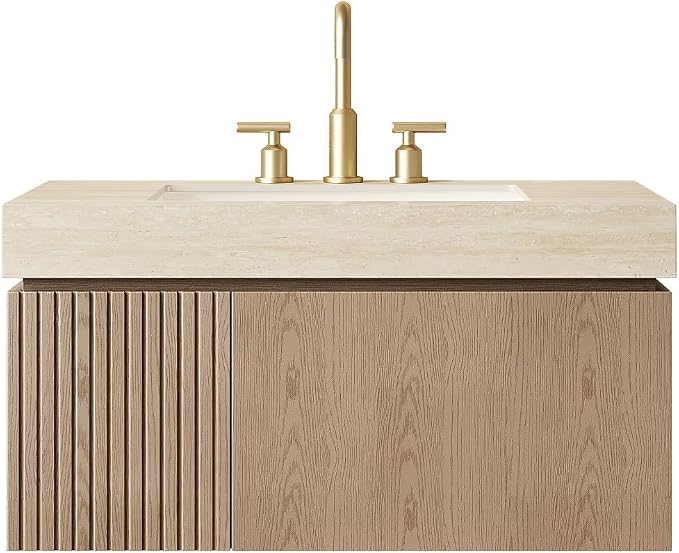KEIKI 36 Inch Floating Bathroom Vanity with Sink, Light Brown & Beige | Modern Wall Mounted Storage Cabinet w/ Drawer & Door, Pre-assembled Wood Panels, Sintered Stone Top & Ceramic Basin Combo Set