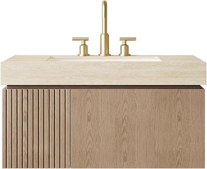 KEIKI 36 Inch Floating Bathroom Vanity with Sink, Light Brown & Beige | Modern Wall Mounted Storage Cabinet w/ Drawer & Door, Pre-assembled Wood Panels, Sintered Stone Top & Ceramic Basin Combo Set