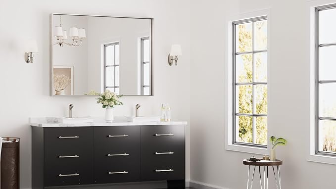 Keonjinn 48x36 Inch Nickel Bathroom Mirror for Over Sink, Rectangular | HD Tempered Glass, Vanity Mirror, Brushed Framed, Square Corner, Modern Farmhouse, Wall Mounted Mirrors, Aluminum Alloy