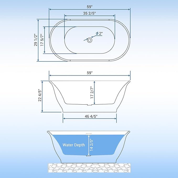 59" Oval Freestanding Bathtub, Acrylic Soaking Tub with Overflow, Matte Silver Drain, Modern Stand Alone Tub, Deep Free Standing Bath Tub for Bathroom, Hotel, Easy Install, CUPC Certified, White