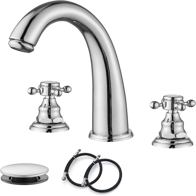 gotonovo Widespread Bathroom Sink Faucet 3 Hole Polished Chrome,No Label | Vintage 8’’ Bathroom Faucet,2 Cross Handle,6-16’’ Sink,Vanity,RV,Farmhouse,SUS304,24’’ cUPC Hose,Pop Up Drain,Deck Mount