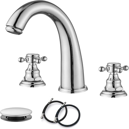 gotonovo Widespread Bathroom Sink Faucet 3 Hole Polished Chrome,No Label | Vintage 8’’ Bathroom Faucet,2 Cross Handle,6-16’’ Sink,Vanity,RV,Farmhouse,SUS304,24’’ cUPC Hose,Pop Up Drain,Deck Mount