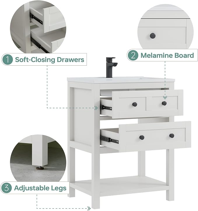 24 Inch Farmhouse Bathroom Vanity with Sink, White | Durable SMC integrated sink with 2 soft-close drawers, open shelf storage and adjustable feet, ideal for small bathrooms