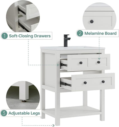 24 Inch Farmhouse Bathroom Vanity with Sink, White | Durable SMC integrated sink with 2 soft-close drawers, open shelf storage and adjustable feet, ideal for small bathrooms