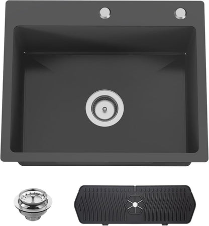 Black Kitchen And Bar Sink, 22x18 Inch Stainless Steel Drop In Kitchen Sink Modern Single Bowl Topmount Bar Sink Combo-Silicon Mat,Drain Strainer Set Compatibility With Various Kitchen & Bar Style
