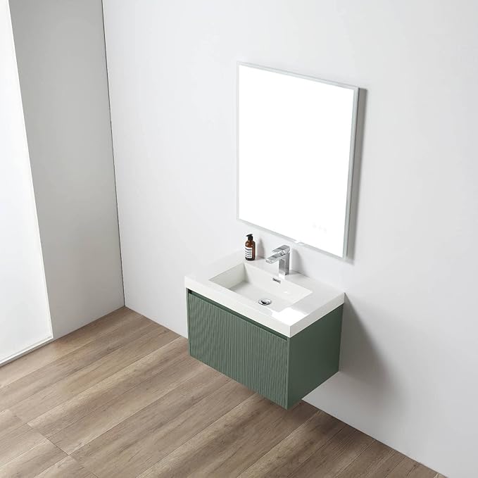 Blossom 30 Inch Bathroom Vanity with Sink, All Wood Wall Mounted Floating Bathroom Vanity Cabinet with Acrylic Sink, Bathroom Sink Cabinet w/Soft-Close Drawer, Modern Style Vanities, Aventurine Green