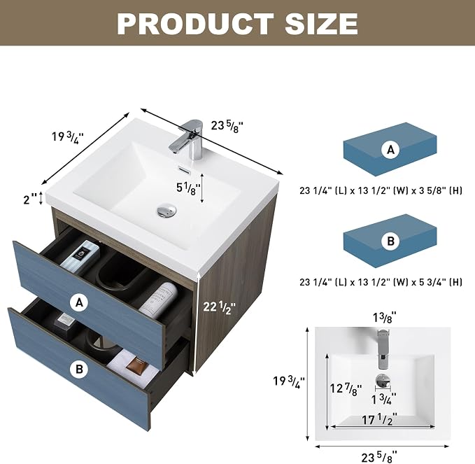 Floating Vanity Bathroom, 24 Inch Bathroom Vanity with Sink, Wall Mounted Single Sink Bathroom Vanity, Soft Closed 2 Drawers, Integrated Sink (Ash Grey)