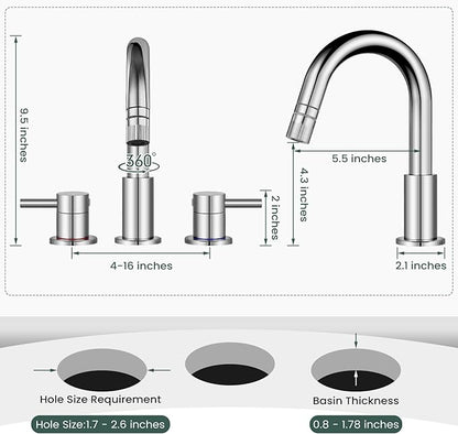 Pull Down Bathroom Faucet for Sink 3 Hole,8 inch Widespread Chrome Bathroom Sink Faucet with Pop Up Drain, Water Supply Hoses