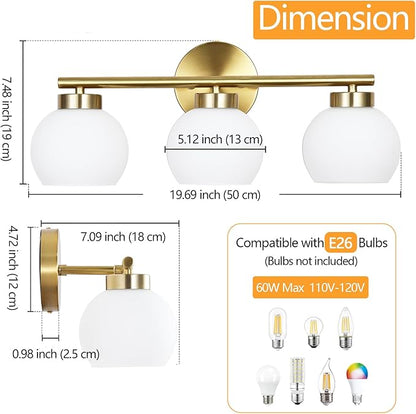 3 Light Bathroom Vanity Light, 20" Brushed Gold Bathroom Light Fixtures Over Mirror with Milky White Glass Globe Shade, Mid Century Modern Brass Wall Sconces, E26 Socket