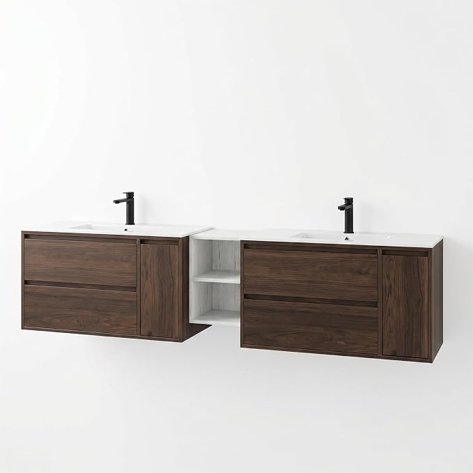 84 Inch Modern Floating Double Sink Bathroom Vanity, Wall-Mounted with Seamless Ceramic Top, Rounded Corners, Full-Extension Soft-Close Drawers & Concealed Drainage, White
