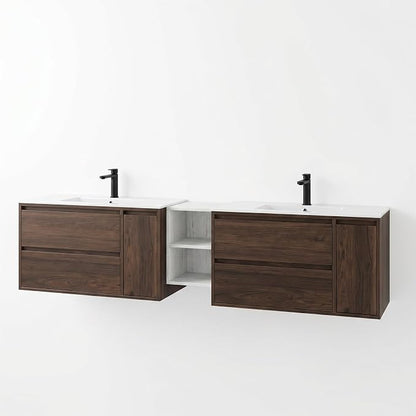 84 Inch Modern Floating Double Sink Bathroom Vanity, Wall-Mounted with Seamless Ceramic Top, Rounded Corners, Full-Extension Soft-Close Drawers & Concealed Drainage, White