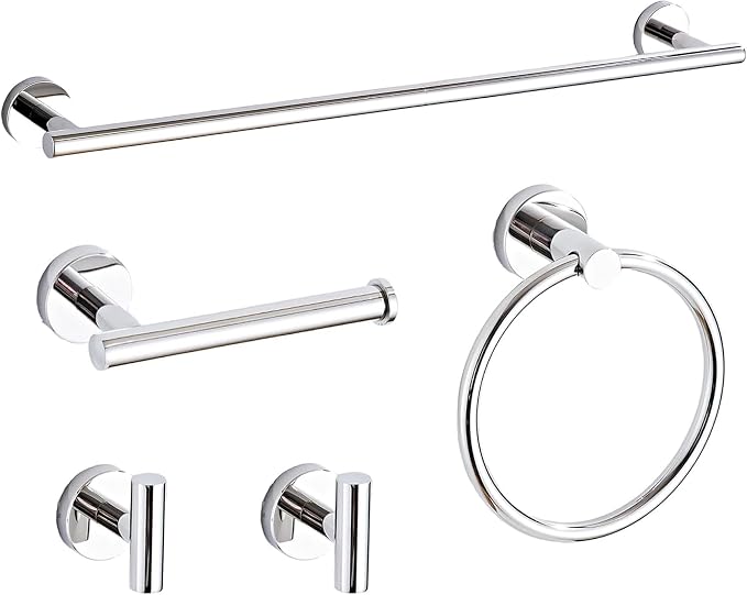 Polished Chrome Bathroom Hardware Accessories Set 5 Piece, Stainless Steel Bath Towel Bar Set 24 Inch,Toilet Paper Holder,Towel Ring Holder,Towel Rack Set,Gold Bathroom Accessories Kit Silver