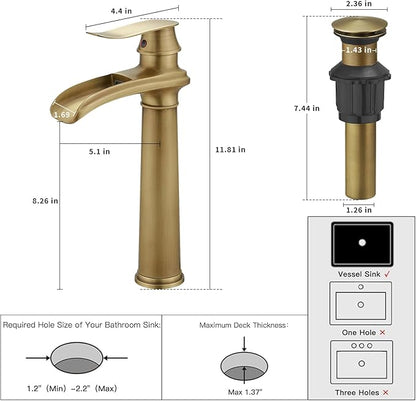 BWE Antique Brass Bathroom Vessel Sink Faucet Waterfall Spout Single Handle One Hole Solid Commercial Brass Lavatory Vanity Sink Faucet with Pop Up Drain