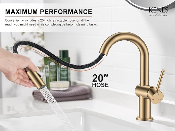 Champagne Bronze Pull Down Bathroom Faucet, 1 Handle Vanity Faucet | Bathroom Sink Faucet with Pop Up Drain & 6 Inch Deck Plate, Lead-Free cUPC & NSF Certified, 1 Hole Faucet for Vanity RV Bar
