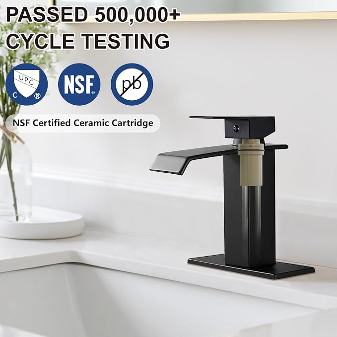 Midanya Waterfall Bathroom Sink Faucet 1 Hole,Matte Black | with cUPC Hoses,Pop Up Drain,Deck Plate,for 1 or 3 hole sink,Vanity,RV,Lavatory,Basin,Farmhouse,Stainless Steel,Single Handle