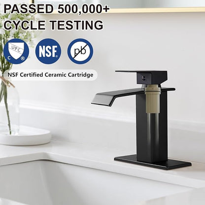 Midanya Waterfall Bathroom Sink Faucet 1 Hole,Matte Black | with cUPC Hoses,Pop Up Drain,Deck Plate,for 1 or 3 hole sink,Vanity,RV,Lavatory,Basin,Farmhouse,Stainless Steel,Single Handle