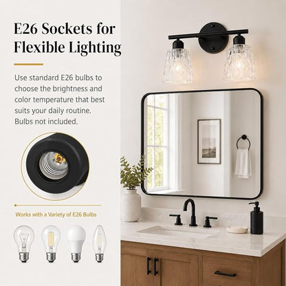 Black Bathroom Vanity Light Over Mirror, 2-Light Wall Mount Fixture with Textured Glass Shades, Stainless Steel Bar Design, E26 Base Sockets (Bulbs Not Included)