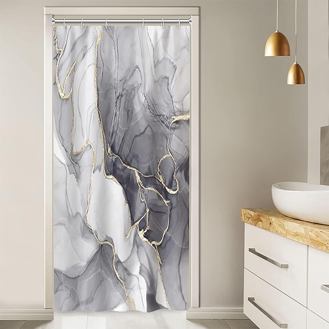 Stall Shower Curtain, Grey Marble Small Shower Curtain Modern Waterproof Narrow Shower Curtain Set with Hooks, 36x72 Inch