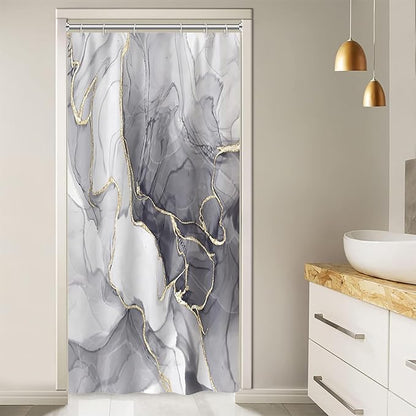 Stall Shower Curtain, Grey Marble Small Shower Curtain Modern Waterproof Narrow Shower Curtain Set with Hooks, 36x72 Inch