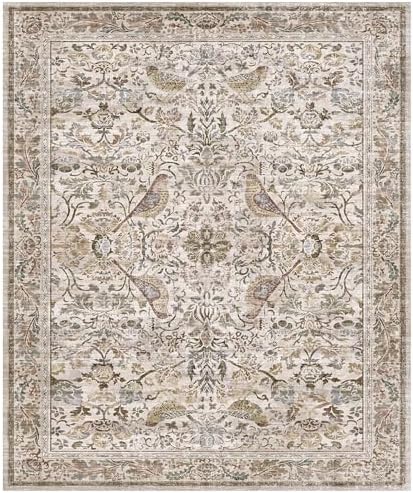 Washable Floral 10x12 Area Rug for Living Room - Floral & Bird Soft Rugs for Bedroom, Non Slip Washable Carpet for Dining Room Under Table, Vintage Moss Indoor Décor, Low Pile Stain Resistant