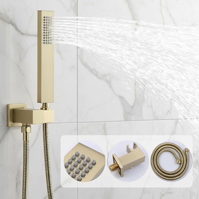 Brushed Gold Shower System with 3 Rain Shower Head(12+8+8 inch), Handheld Spray, 4 Way Smart Temperature Display Shower Faucet set
