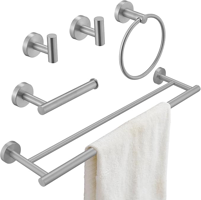 Brushed Nickel Bathroom Hardware Accessories Set 5 pcs Towel Holder Bar Set | 24 inches Stainless Steel Towel Bar, Towel Racks for Bathroom Robe Towel Hooks Toilet Paper Holder Wall Mounted by BATHLAVISH