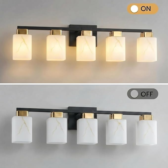 5-Light Square Bathroom Light Fixture, Black and Gold Modern Vanity Light with White Marble Glass Shade, for Bathroom Mirror, Living Room, Bedroom, Hallway, E26 Base