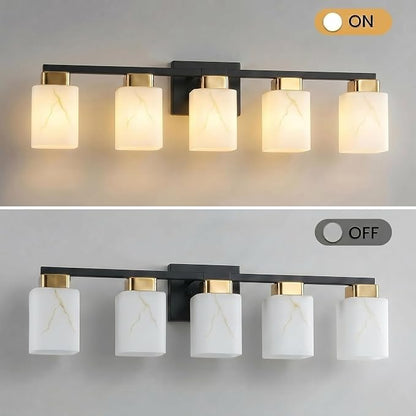 5-Light Square Bathroom Light Fixture, Black and Gold Modern Vanity Light with White Marble Glass Shade, for Bathroom Mirror, Living Room, Bedroom, Hallway, E26 Base