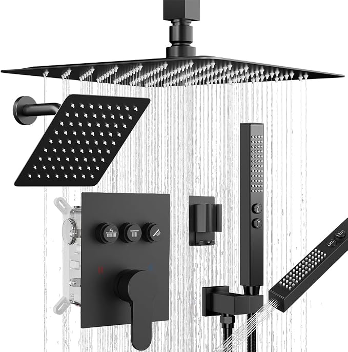 Shower Faucet Set, Wall Mount 12" Rain Shower System with Handheld and 6" Rainfall Shower Head, Can Use 2 Modes Together for Two People, 3 Way Shower Valve with 5 Diverter Complete, Matte Black