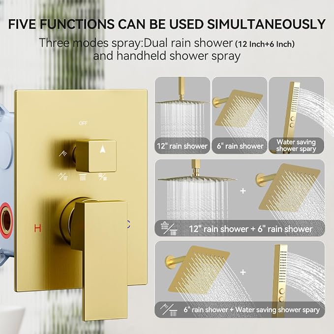 Shower System Shower Faucet Set, STARBATH 12"+6" Ceiling Mount Rain Shower Head and Handheld Spray for Two Person, Rainfall Shower System with Diverter Valve and Trim Kit Complete,Brushed Gold