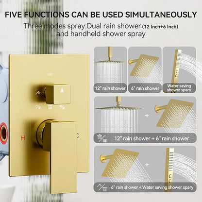 Shower System Shower Faucet Set, STARBATH 12"+6" Ceiling Mount Rain Shower Head and Handheld Spray for Two Person, Rainfall Shower System with Diverter Valve and Trim Kit Complete,Brushed Gold