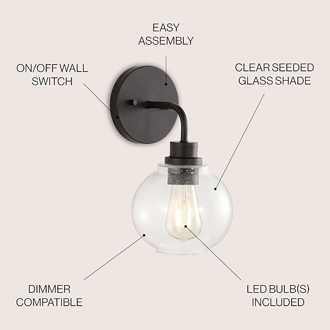 JONATHAN Y 6.5" Oil Rubbed Bronze 1-Light Farmhouse LED Vanity Light Wall Sconce for Bathroom, Clear Seeded Glass Shade, Industrial Iron Indoor Fixture, LED Bulb Included JYL7526A