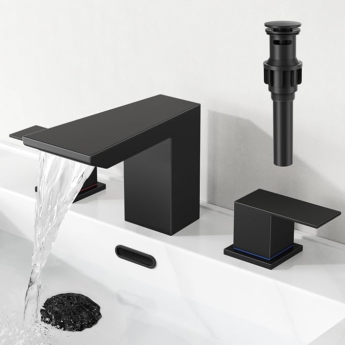 RUMOSE Bathroom Faucets 3 Hole Black Bathroom Sink Faucet with Drain | 8 Inch Mixer Widespread Waterfall Vanity Two Handle Lavatory Bath Tap, Pop Up Drain, Stainless Steel