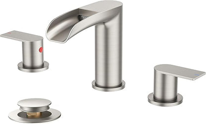 FORIOUS Bathroom Faucets 3 Hole, Waterfall Bathroom Sink Faucet with Pop-Up Drain & Water Supply, Brushed Nickel 8 Inch Widespread for Restroom, Vanity, Commercial Lavatory