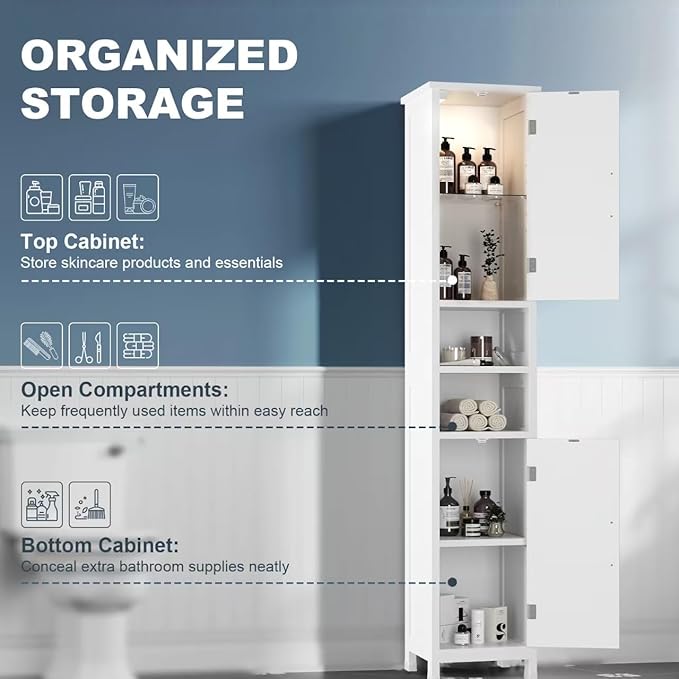 67" Tall Bathroom Storage Cabinet with Lights, Slim Narrow Bathroom Cabinet Organizer with Doors and Adjustable Shelves, Tall Cabinet for Small Space (66.9" Tall-White with Light) | with Lights, Slim, Narrow, with Doors, Adjustable Shelves, Tall Cabinet