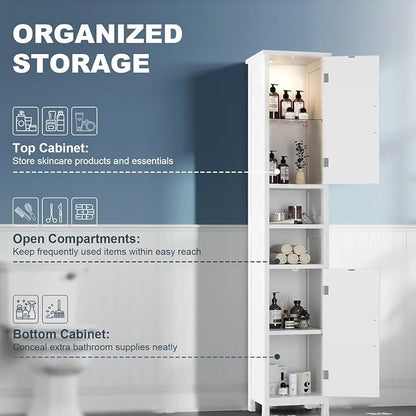 67" Tall Bathroom Storage Cabinet with Lights, Slim Narrow Bathroom Cabinet Organizer with Doors and Adjustable Shelves, Tall Cabinet for Small Space (66.9" Tall-White with Light) | with Lights, Slim, Narrow, with Doors, Adjustable Shelves, Tall Cabinet